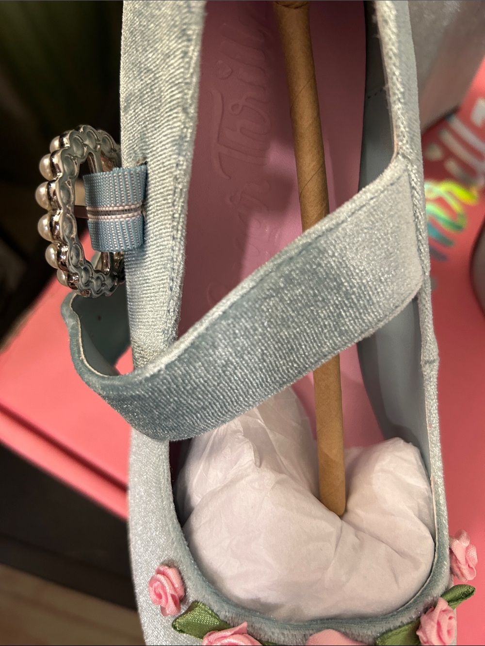 Dolls Kill Light Blue Velvet Platform Mary Jane Heels with Floral Trim - Picture 5 of 7
